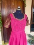 Pink Kanchi Cotton Anarkali Dress: Handloom Border, Hand-Embroidered Neck,cotton saree dress,narayanpet dress,border dress,Indian kurta USA