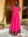 Pink Kanchi Cotton Anarkali Dress: Handloom Border, Hand-Embroidered Neck,cotton saree dress,narayanpet dress,border dress,Indian kurta USA