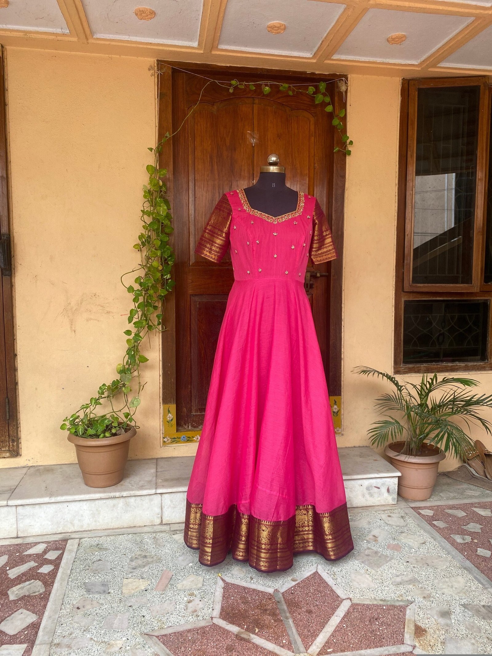 Pink Kanchi Cotton Anarkali Dress: Handloom Border, Hand-Embroidered Neck,cotton saree dress,narayanpet dress,border dress,Indian kurta USA