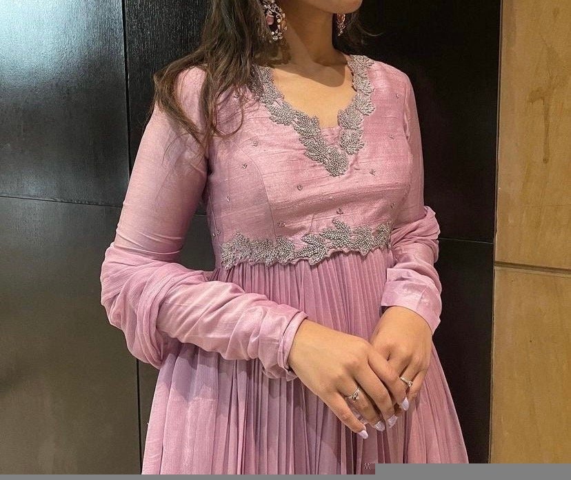 Lavender Zardosi Anarkali Suit: Hand Embroidered Indian Dress