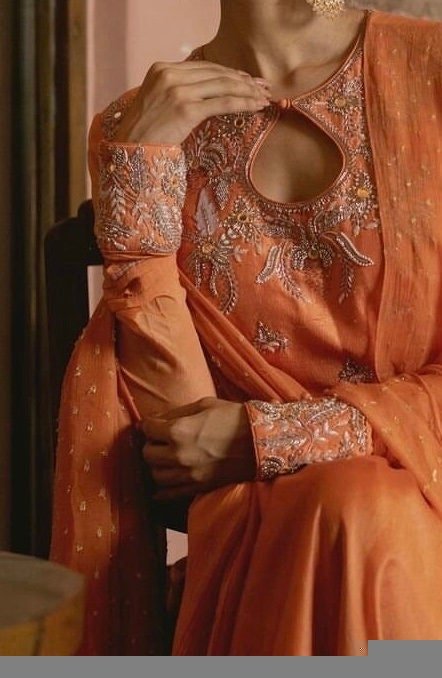 Orange Anarkali Suit: Hand Embroidered Zardosi Indian Dress