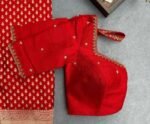 Red Silk Hand Embroidered Saree Blouse: Zardosi Maggam Work
