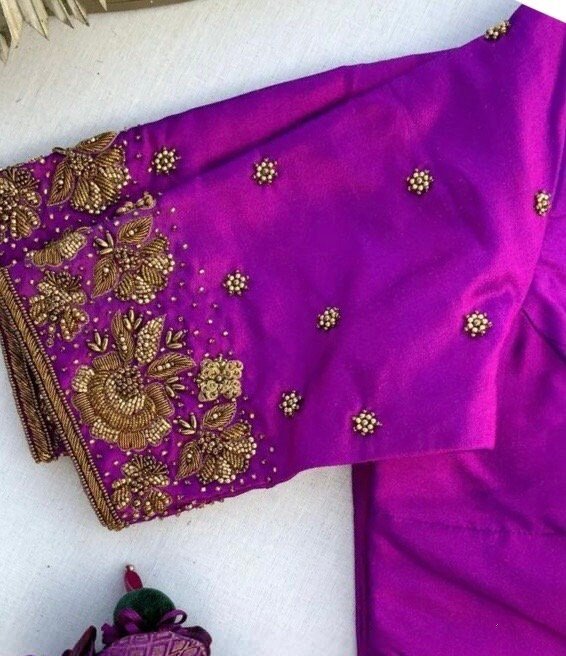 pure silk hand embroidery blouse/saree maggam blouse/purple zardosi blouse/hand embroidered blouse /magenta pink ready made blouse zardosi