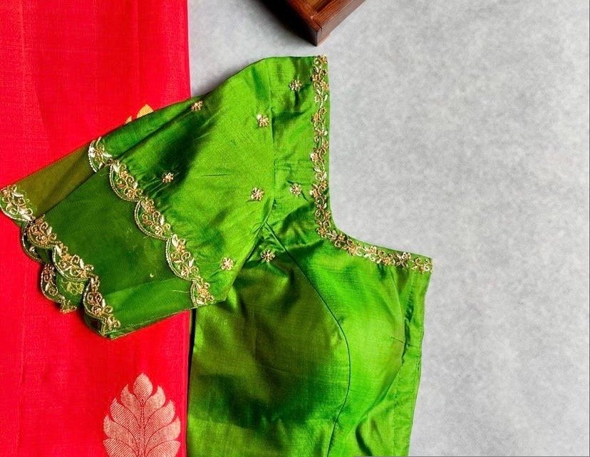 pure silk green multicolor hand embroidery blouse/saree maggam blouse/ raw silk zardosi blouse /hand embroidered blouse / ready made blouse