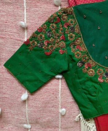 pure silk green multicolor hand embroidery blouse/saree maggam blouse/ raw silk zardosi blouse /hand embroidered blouse / ready made blouse