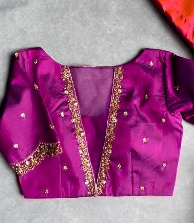 pure silk hand embroidery blouse/saree maggam blouse/purple zardosi blouse/hand embroidered blouse /magenta pink ready made blouse zardosi