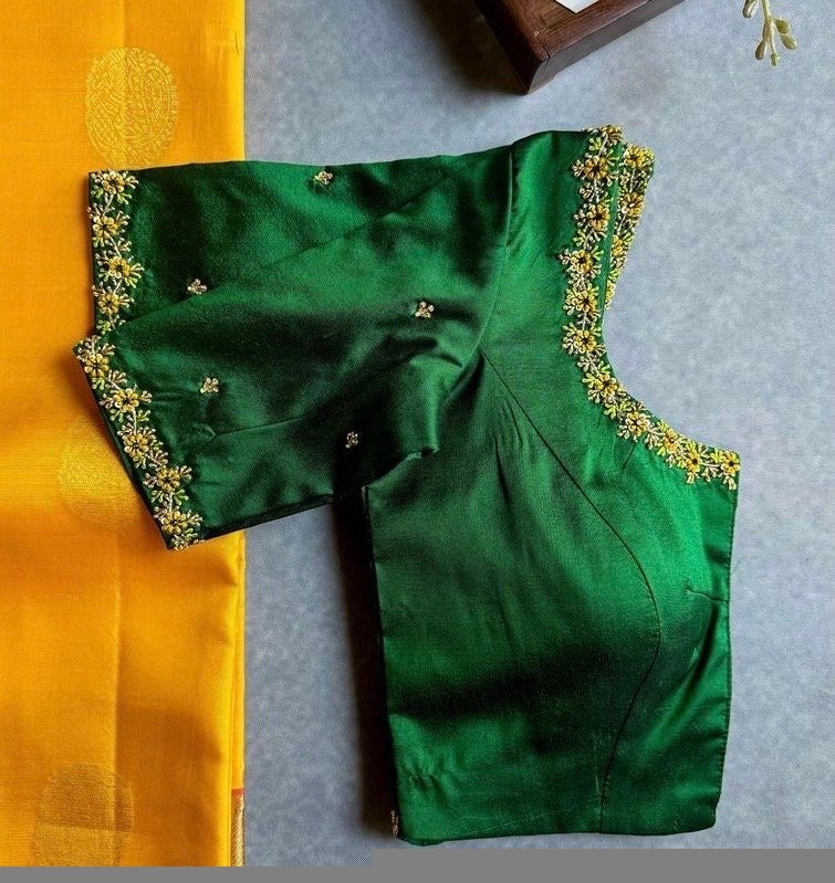 Hand Embroidered Green Silk Saree Blouse: Zardosi Maggam Work,green maggam blouse,mix and match blouse,plus size blouse,green saree blouse
