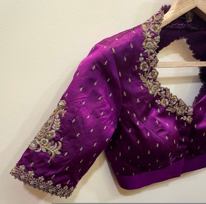 pure silk hand embroidery blouse/saree maggam blouse/purple zardosi blouse/hand embroidered blouse /magenta pink ready made blouse zardosi