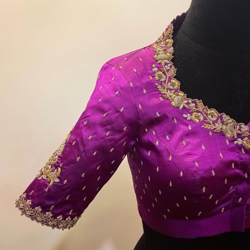 pure silk hand embroidery blouse/saree maggam blouse/purple zardosi blouse/hand embroidered blouse /magenta pink ready made blouse zardosi