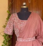 Pink Ruffle saree/neutral ruffle saree with stitched blouse/readymade saree belt with blouse/silk ruffle saree/saree with belt/lehenga saree
