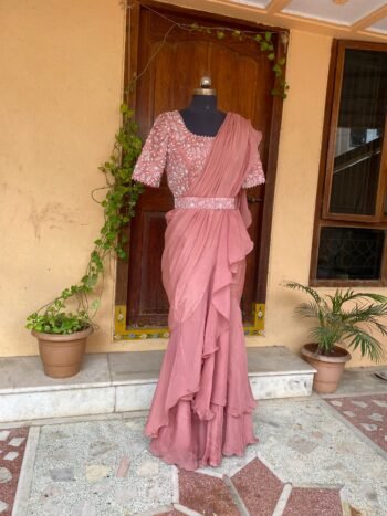 Pink Ruffle saree/neutral ruffle saree with stitched blouse/readymade saree belt with blouse/silk ruffle saree/saree with belt/lehenga saree