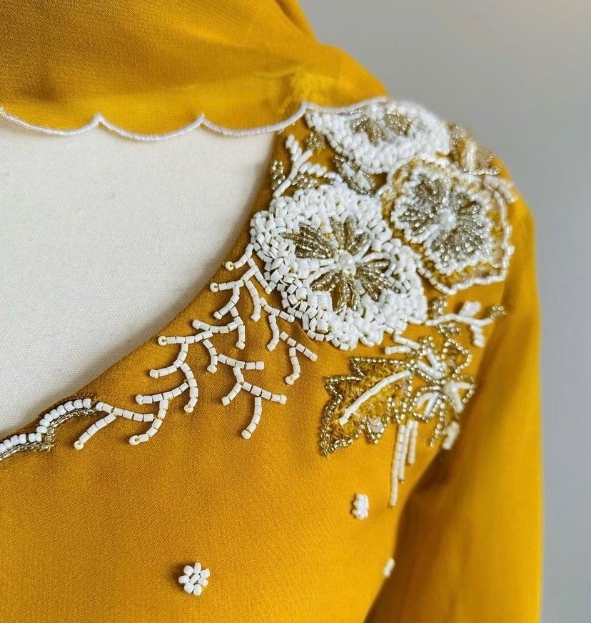 Hand embroidered Anarkali with scallop dupatta/yellow anarkali suit/georgette anarkali dupatta USA/ Indian dresses/anarkali dupatta set usa