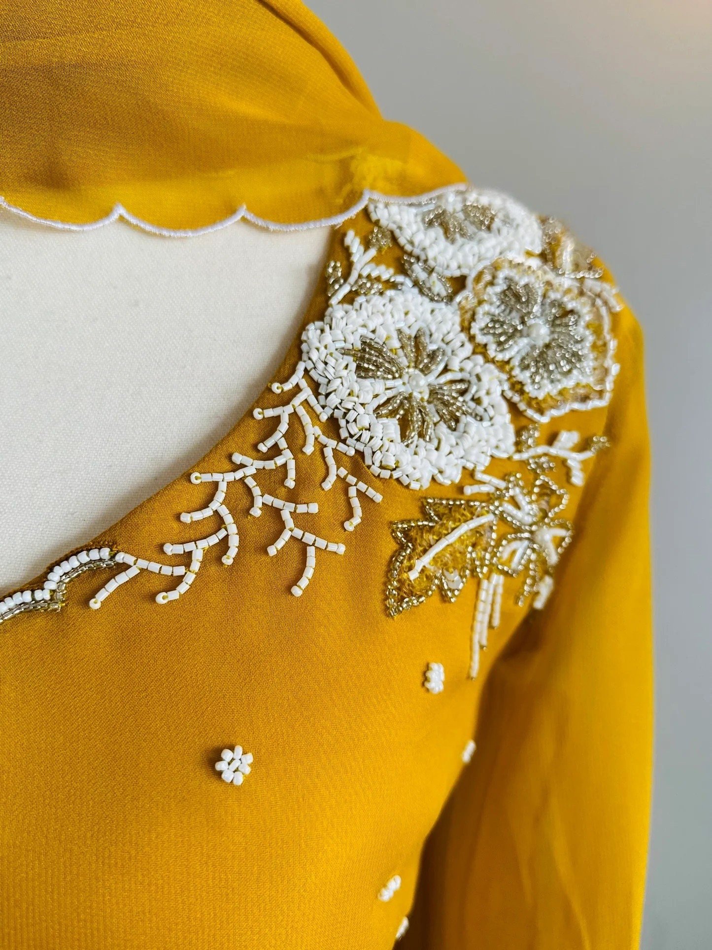Hand embroidered Anarkali with scallop dupatta/yellow anarkali suit/georgette anarkali dupatta USA/ Indian dresses/anarkali dupatta set usa