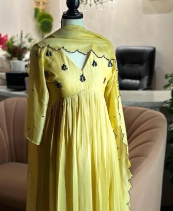 Hand embroidered Anarkali with scallop dupatta/yellow anarkali suit/georgette anarkali dupatta  Indian dresses/anarkali dupatta set