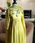 Hand embroidered Anarkali with scallop dupatta/yellow anarkali suit/georgette anarkali dupatta USA/ Indian dresses/anarkali dupatta set usa
