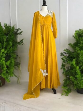 Hand embroidered Anarkali with scallop dupatta/yellow anarkali suit/georgette anarkali dupatta  Indian dresses/anarkali dupatta set
