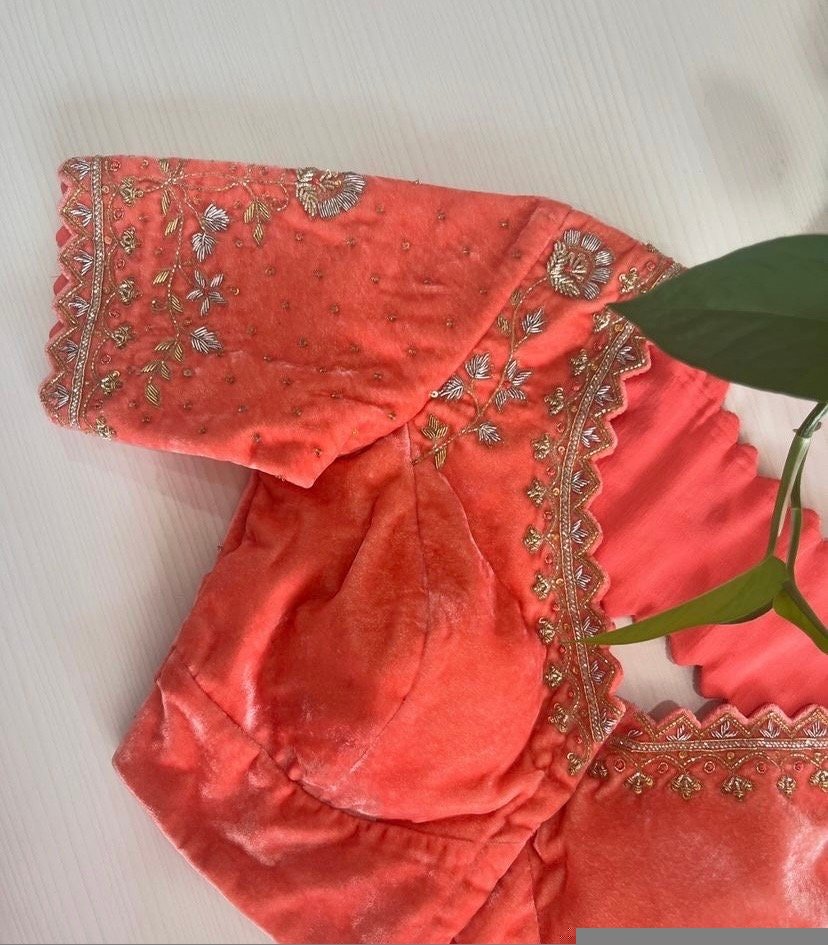 pure velvet hand embroidery blouse/modern cutwork maggam blouse/orange zardosi blouse/hand embroidered blouse/light orange ready made blouse