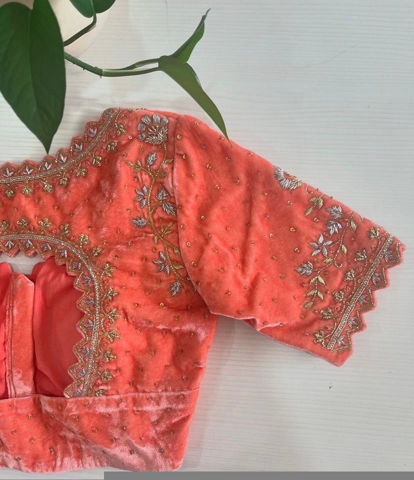 pure velvet hand embroidery blouse/modern cutwork maggam blouse/orange zardosi blouse/hand embroidered blouse/light orange ready made blouse