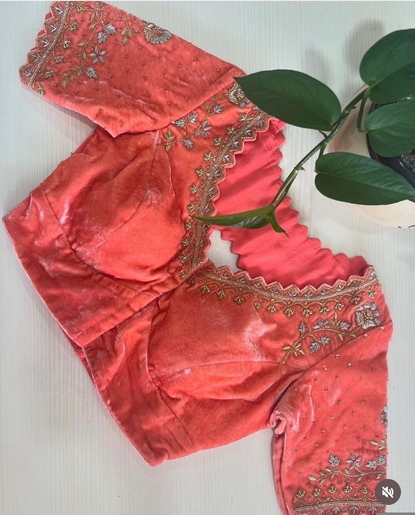 pure velvet hand embroidery blouse/modern cutwork maggam blouse/orange zardosi blouse/hand embroidered blouse/light orange ready made blouse