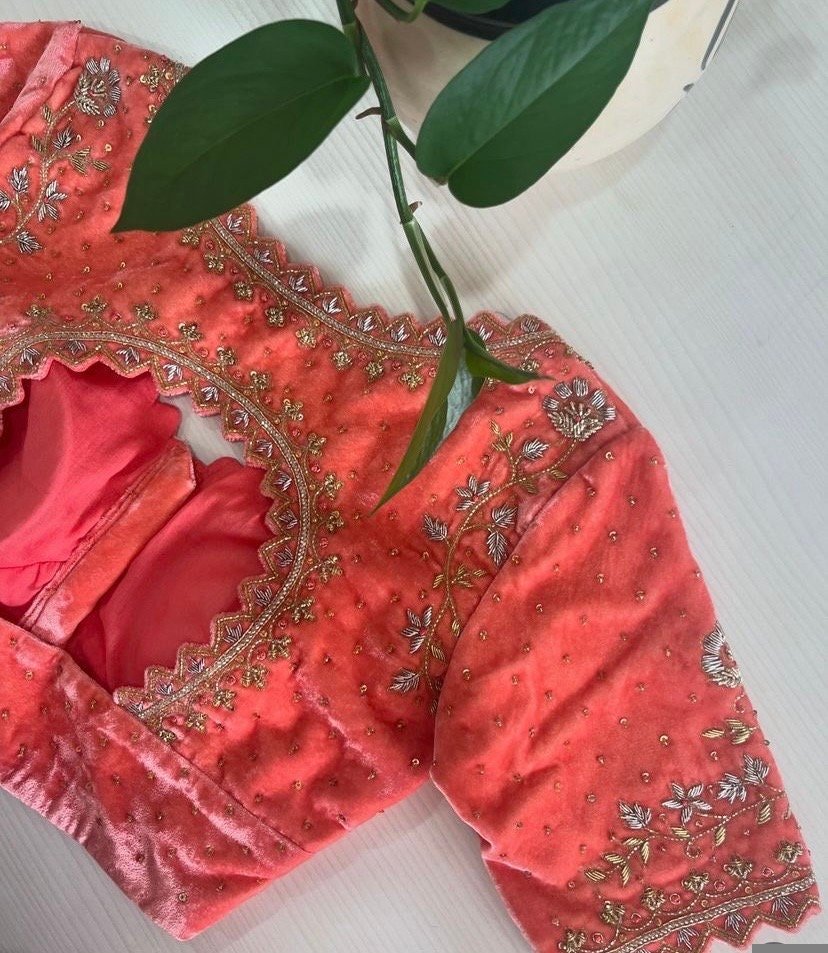 pure velvet hand embroidery blouse/modern cutwork maggam blouse/orange zardosi blouse/hand embroidered blouse/light orange ready made blouse
