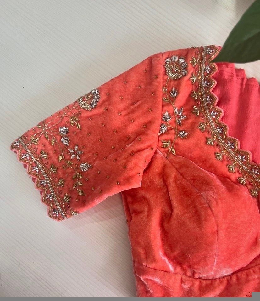 pure velvet hand embroidery blouse/modern cutwork maggam blouse/orange zardosi blouse/hand embroidered blouse/light orange ready made blouse