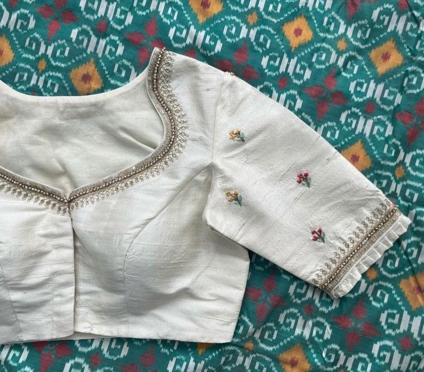 pure silk hand embroidery blouse/cream maggam blouse/pure raw silk zardosi blouse / hand embroidered blouse/cream designer ready made blouse