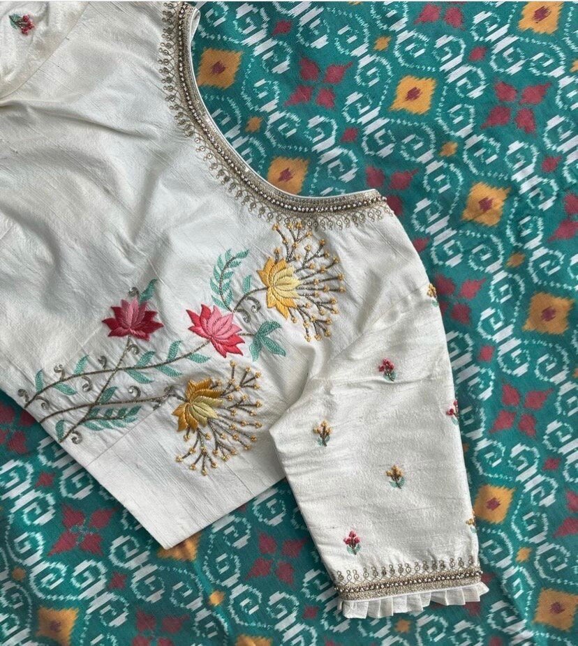 pure silk hand embroidery blouse/cream maggam blouse/pure raw silk zardosi blouse / hand embroidered blouse/cream designer ready made blouse