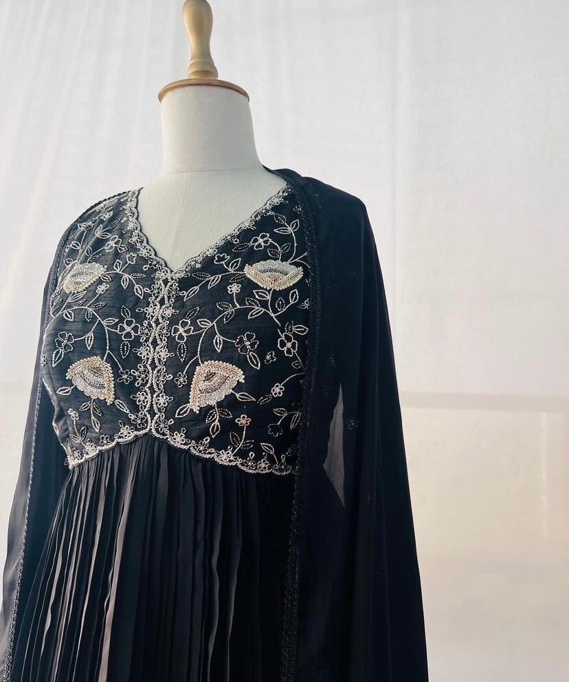 Designer Hand work Anarkali with dupatta /black anarkali suit set/pure silk anarkali dupatta USA /designer Indian long gown/womens long gown