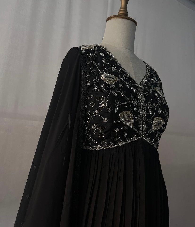 Designer Hand work Anarkali with dupatta /black anarkali suit set/pure silk anarkali dupatta USA /designer Indian long gown/womens long gown