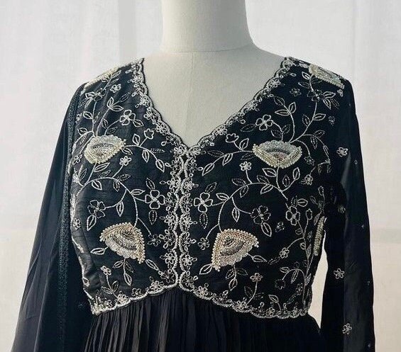 Designer Hand work Anarkali with dupatta /black anarkali suit set/pure silk anarkali dupatta USA /designer Indian long gown/womens long gown