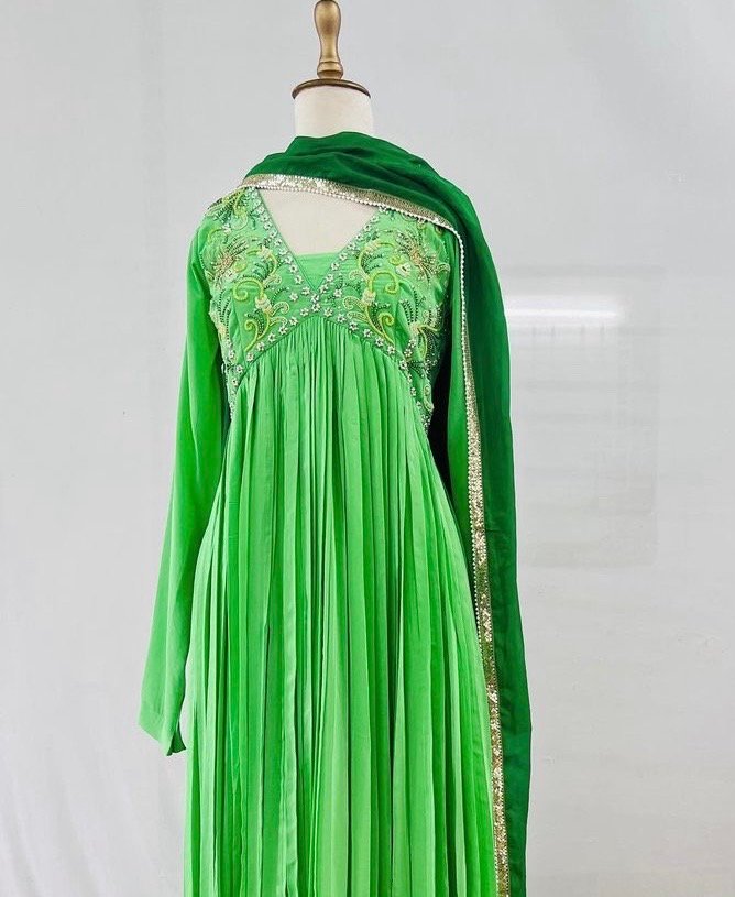 Designer Hand work Anarkali with dupatta/green anarkali suit set/pure silk anarkali dupatta USA /designer Indian long gown/womens long gown