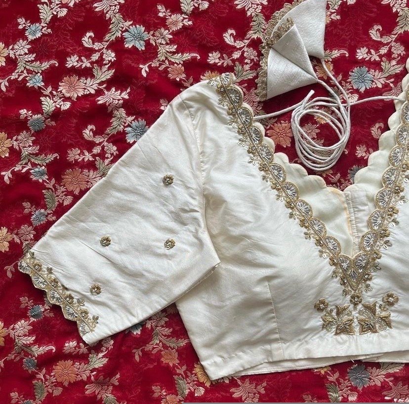 pure silk hand embroidery blouse/cream saree maggam blouse/raw silk zardosi blouse/hand embroidered blouse/cream ready made blouse zardosi