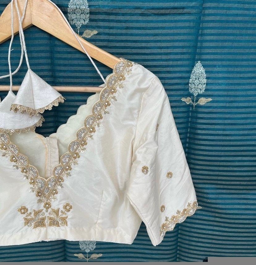 pure silk hand embroidery blouse/cream saree maggam blouse/raw silk zardosi blouse/hand embroidered blouse/cream ready made blouse zardosi