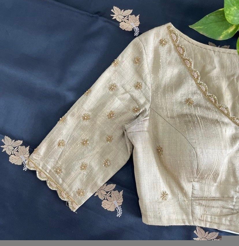 pure silk hand embroidery blouse/cream saree maggam blouse/raw silk zardosi blouse/hand embroidered blouse/beige ready made blouse zardosi