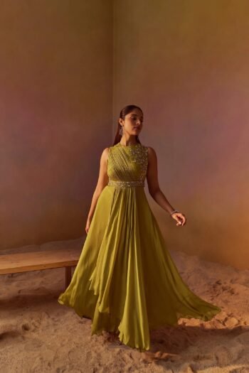 Draped Maxi dress usa/green layered maxi dress/Draped saree dress with hand  embroidery belt/pre draped saree gown/green sleeveless saree