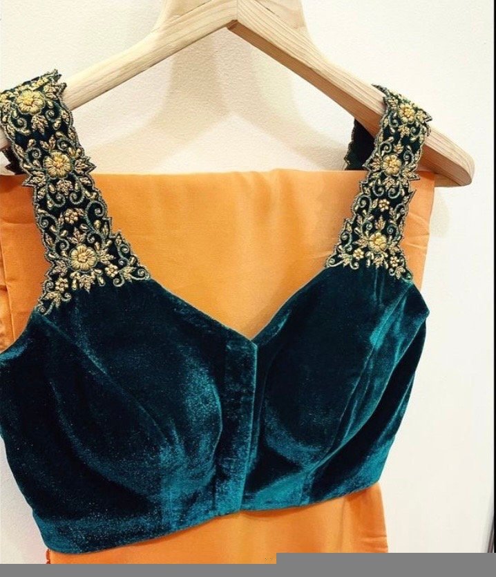 pure silk hand embroidery blouse/velvet saree maggam blouse/green zardosi blouse/hand embroidered moderblouse/green velvet sleeveless blouse