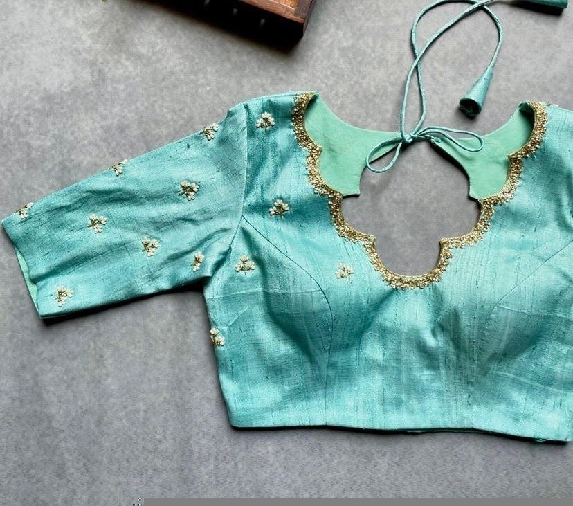 pure silk hand embroidery blouse/saree maggam blouse/ zardosi blouse/turquoise green embroidered blouse/sea green ready made blouse zardosi