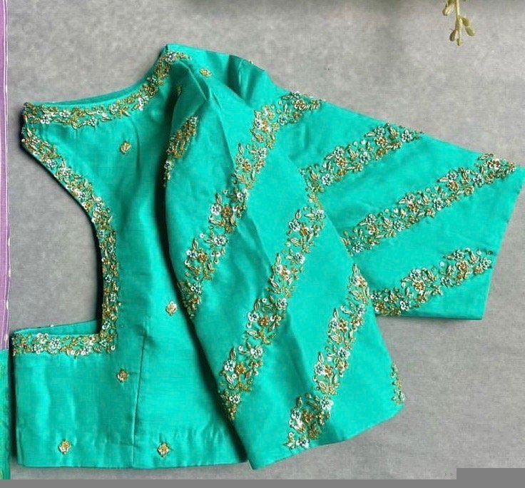 pure silk hand embroidery blouse/saree maggam blouse/ zardosi blouse/turquoise green embroidered blouse/sea green ready made blouse zardosi