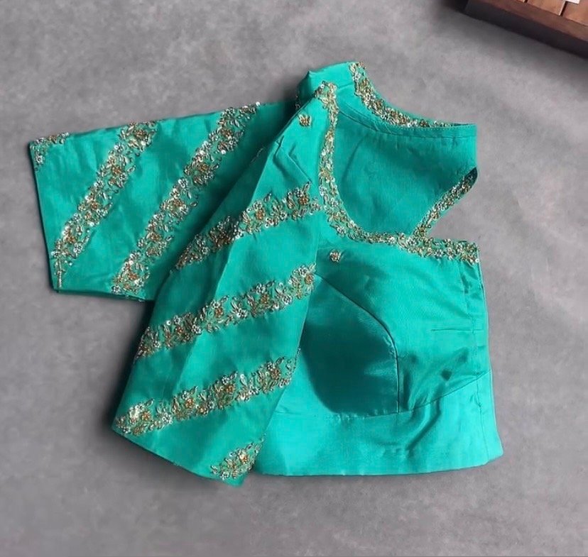 pure silk hand embroidery blouse/saree maggam blouse/ zardosi blouse/turquoise green embroidered blouse/sea green ready made blouse zardosi