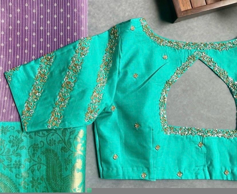 pure silk hand embroidery blouse/saree maggam blouse/ zardosi blouse/turquoise green embroidered blouse/sea green ready made blouse zardosi