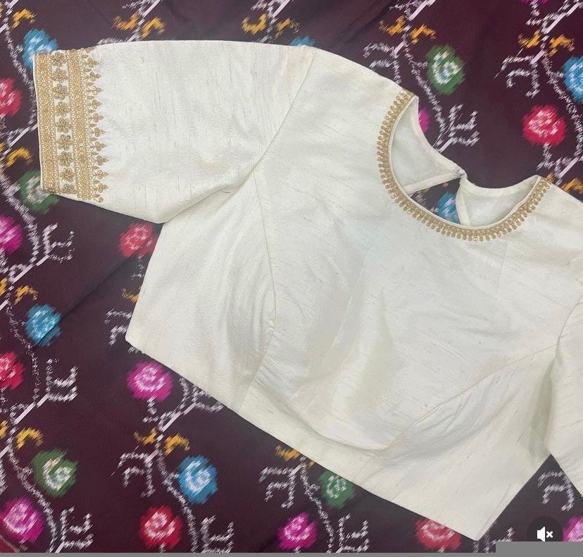 pure silk hand embroidery blouse/cream mirror hand made blouse/pure raw silk zardosi blouse/hand embroidered blouse/cream zardosi work blous