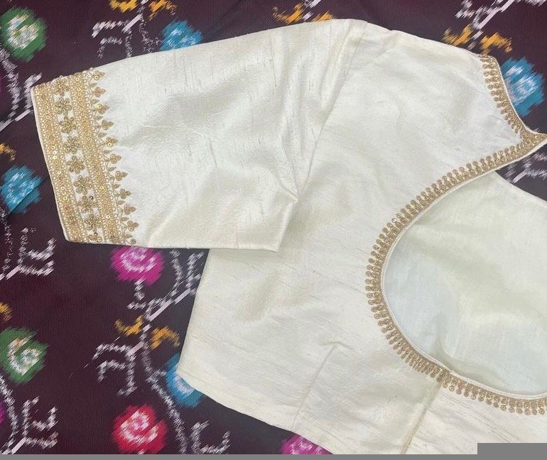 pure silk hand embroidery blouse/cream mirror hand made blouse/pure raw silk zardosi blouse/hand embroidered blouse/cream zardosi work blous