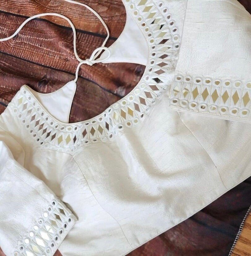 pure silk hand embroidery blouse/cream mirror hand made blouse/pure raw silk zardosi blouse/hand embroidered blouse/cream mirror work blouse