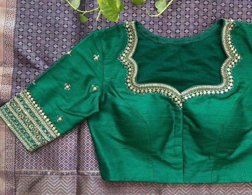 pure silk hand embroidery blouse/saree maggam blouse/green zardosi blouse/hand embroidered moderblouse/green ready made blouse zardosi usa