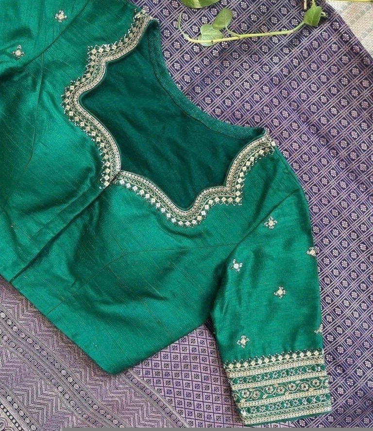 pure silk hand embroidery blouse/saree maggam blouse/green zardosi blouse/hand embroidered moderblouse/green ready made blouse zardosi usa
