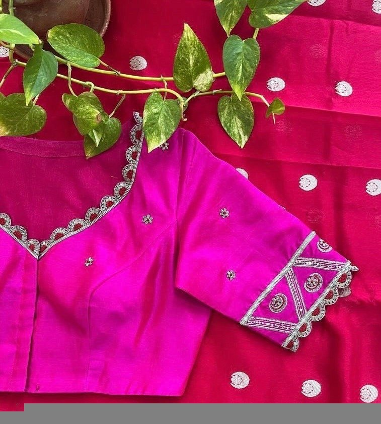 pure silk hand embroidery blouse/saree maggam blouse/purple zardosi blouse/hand embroidered blouse /magenta pink ready made blouse zardosi