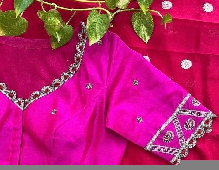 pure silk hand embroidery blouse/saree maggam blouse/purple zardosi blouse/hand embroidered blouse /magenta pink ready made blouse zardosi