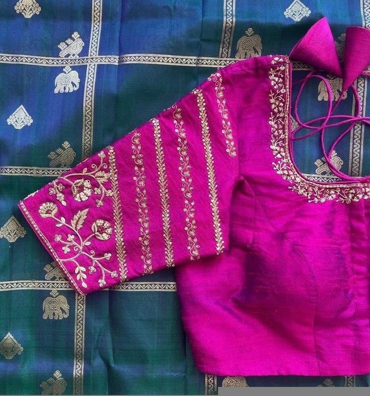 pure silk hand embroidery blouse/saree maggam blouse/purple zardosi blouse/hand embroidered blouse /magenta pink ready made blouse zardosi