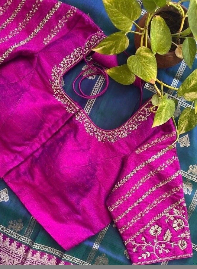 pure silk hand embroidery blouse/saree maggam blouse/purple zardosi blouse/hand embroidered blouse /magenta pink ready made blouse zardosi