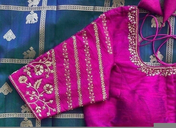 pure silk hand embroidery blouse/saree maggam blouse/purple zardosi blouse/hand embroidered blouse /magenta pink ready made blouse zardosi